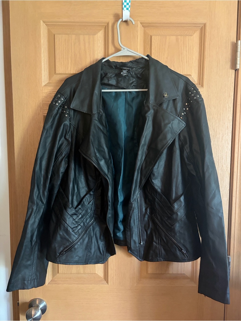 Her Universe Black Faux Leather Studded Moto Jacket with Teal Lining